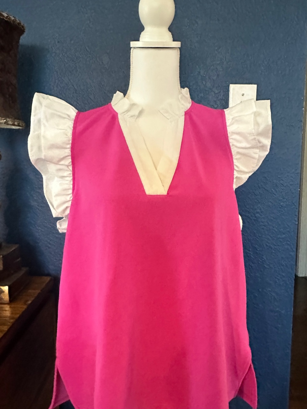 Entro Hot Pink V-Neck Top with White Ruffle Sleeves